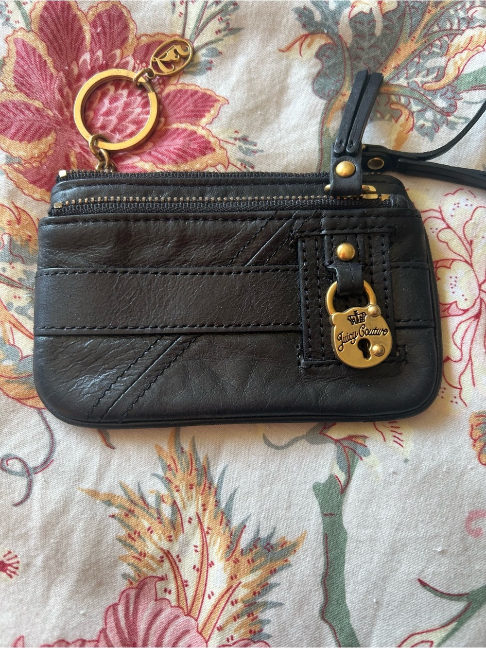 Juicy Couture Black Leather Zip Wristlet Card Case with Gold Accents